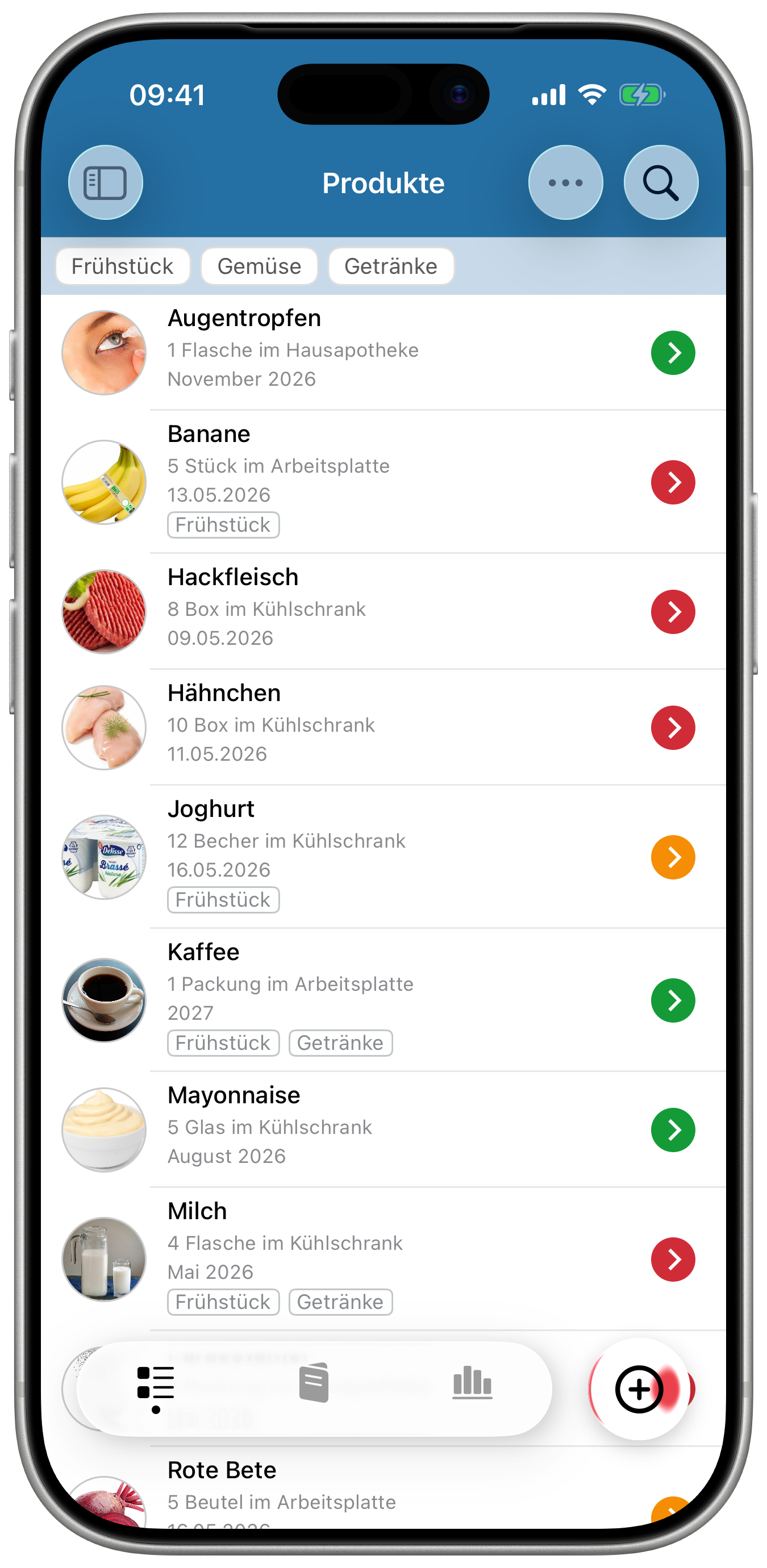 Haltbar Bis zeigt eine Liste von Produkten mit Ablaufdaten auf dem iPhone