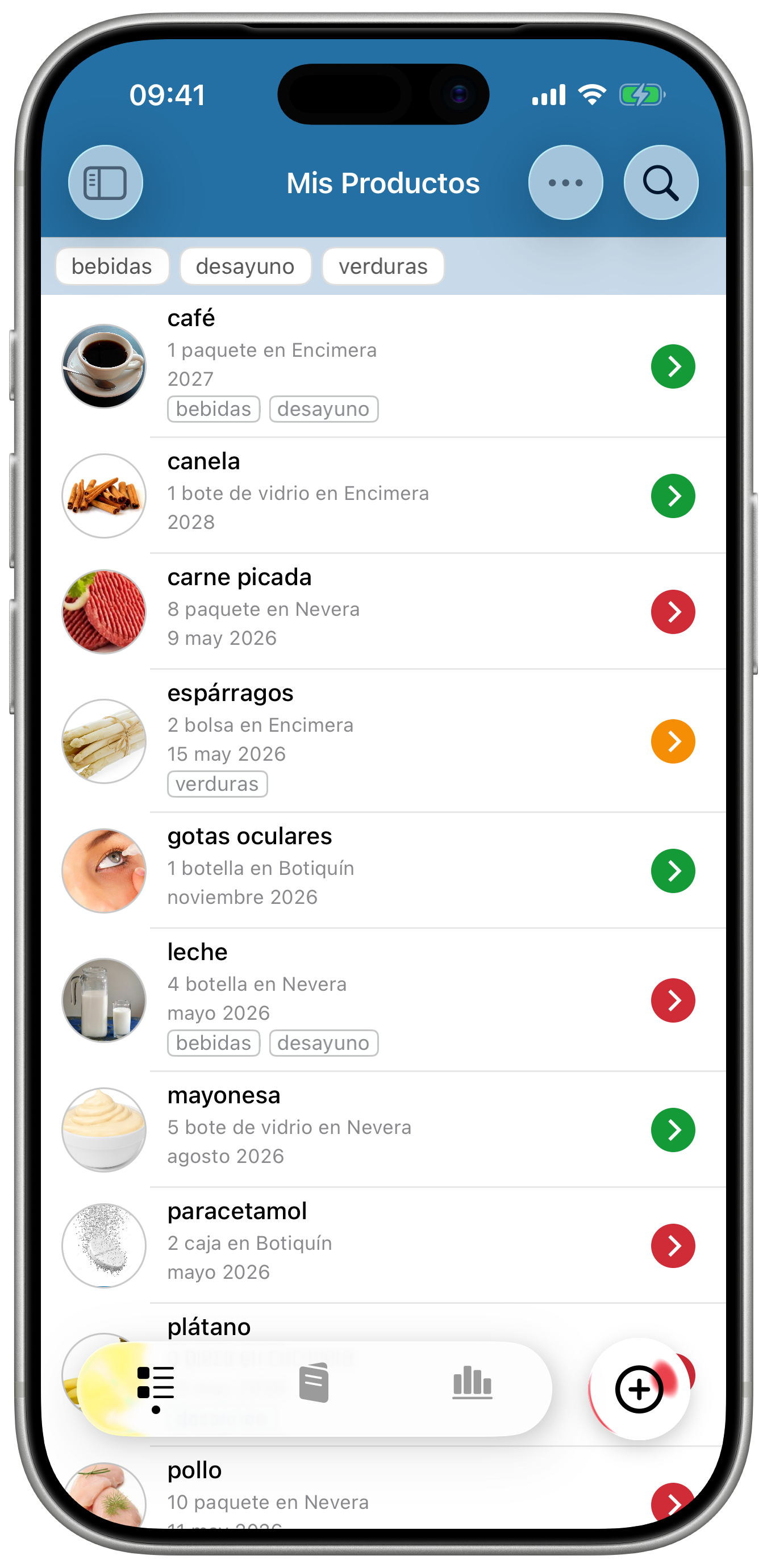 Fecha Límite mostrando la lista de productos con fechas de caducidad en iPhone