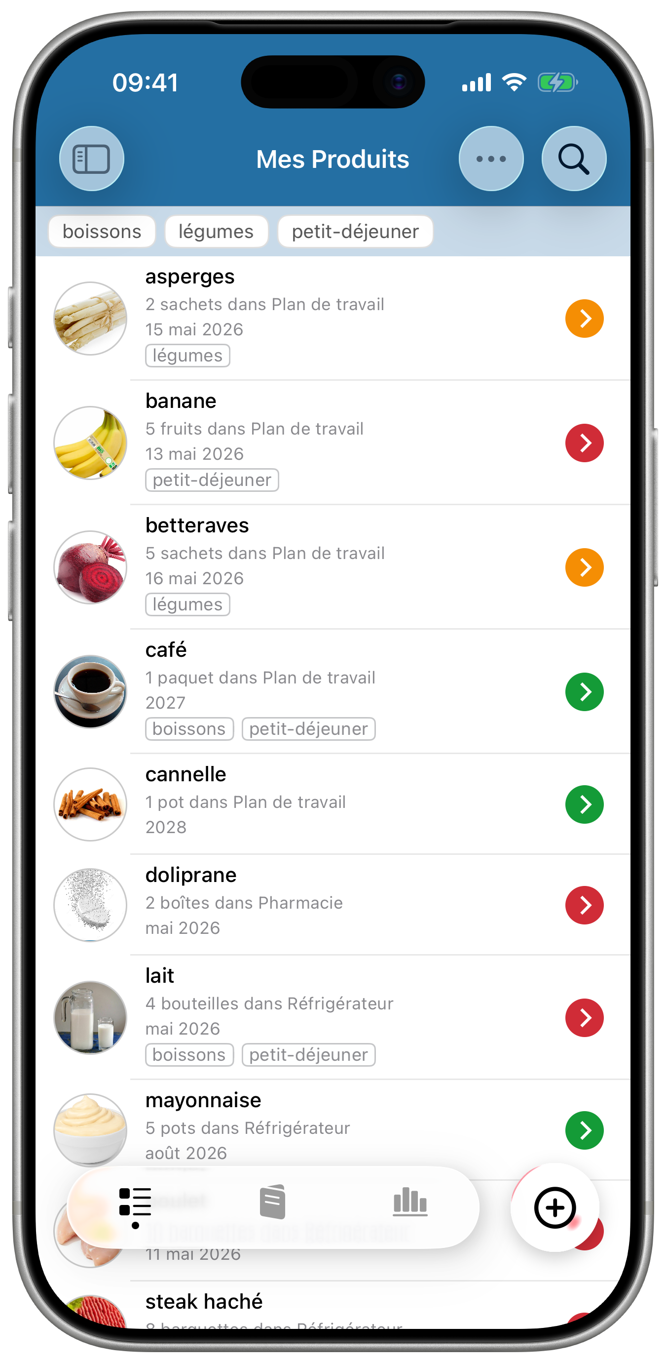 Date Limite affichant la liste des produits avec dates de péremption sur iPhone
