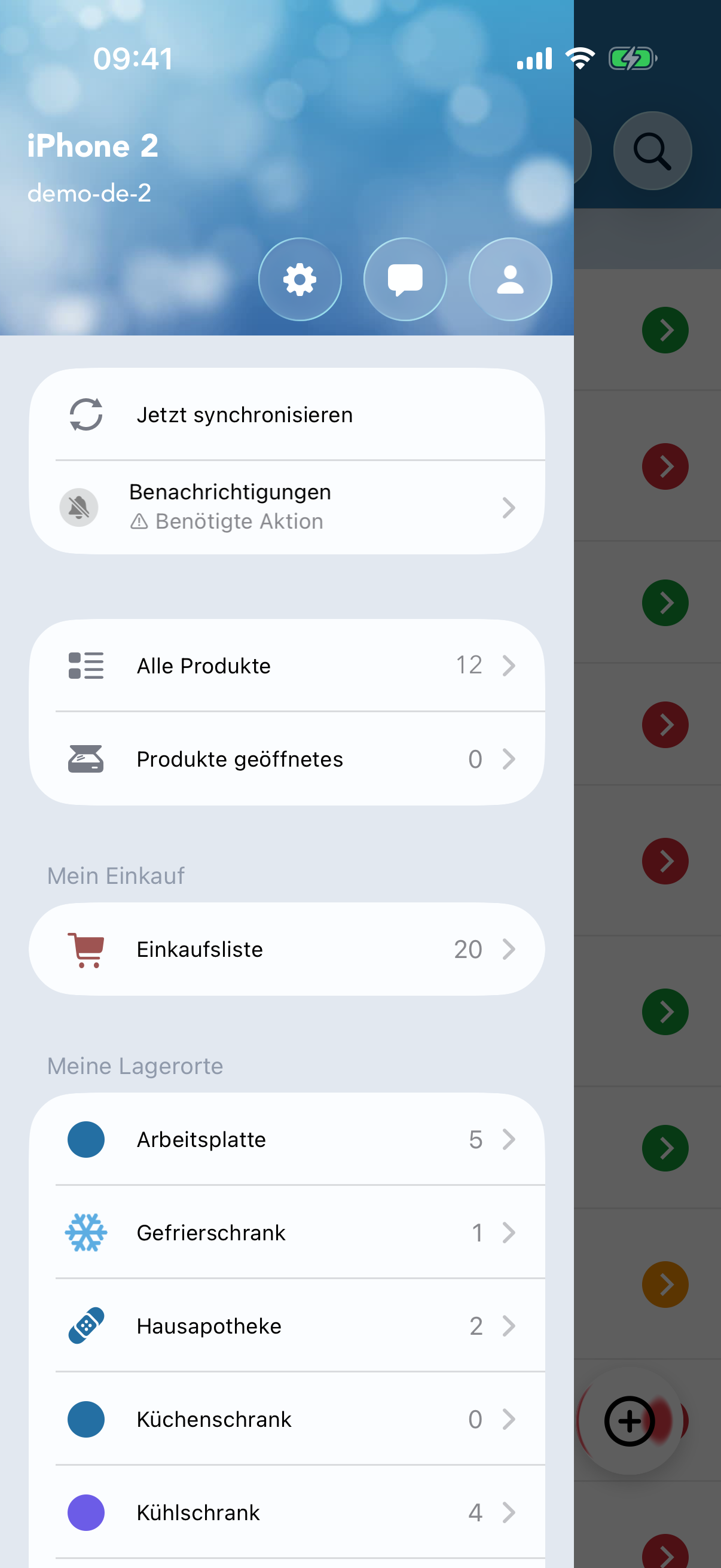 Geöffnetes Seitenmenü auf dem Zweitgerät.