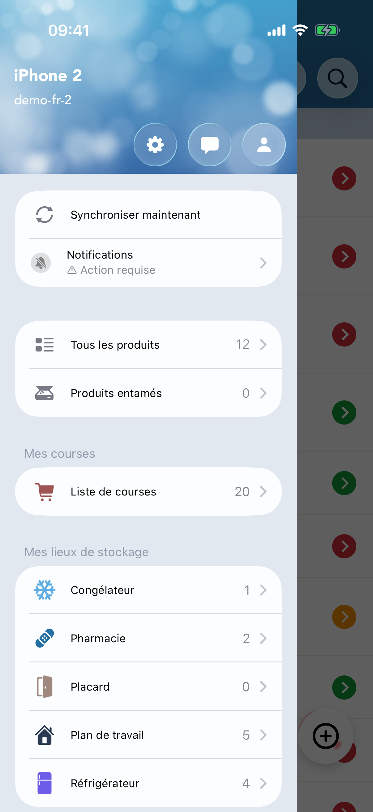 Menu latéral ouvert sur l'appareil secondaire.