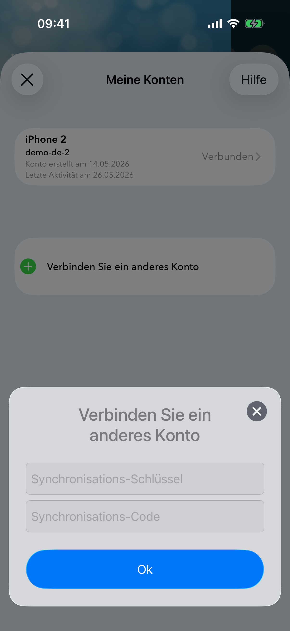Dialogfeld zur Eingabe der Synchronisierungs-ID und des Codes.